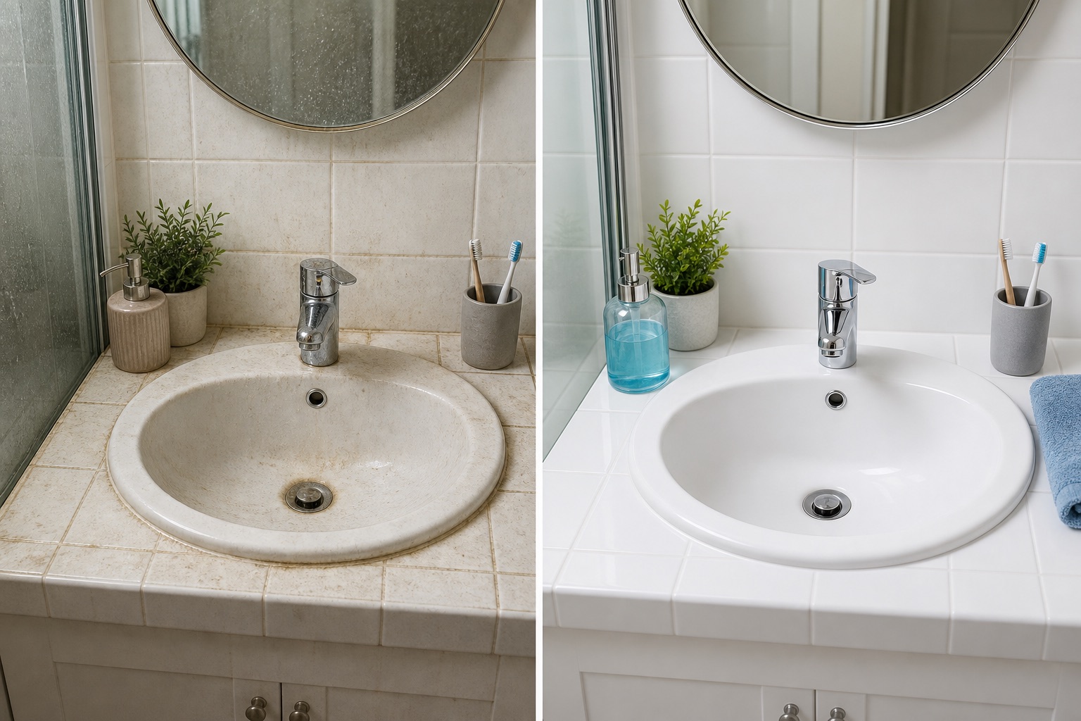 Before and after bathroom sink deep clean comparison