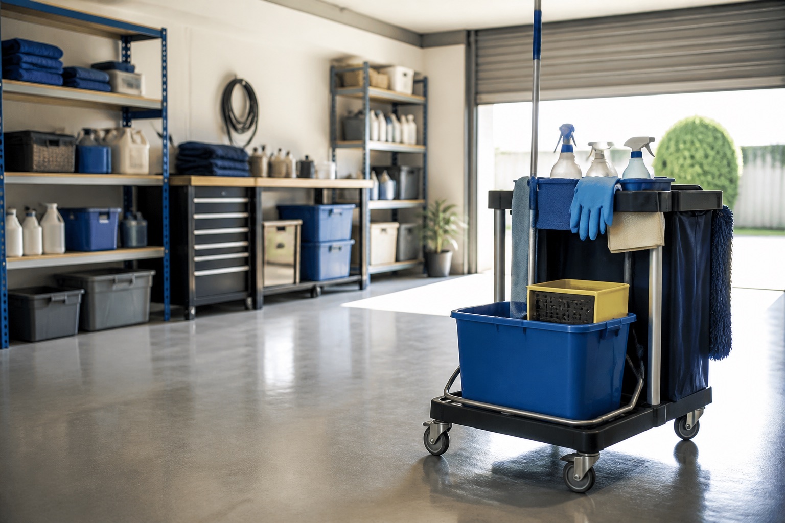 Freshly cleaned garage workspace with professional cleaning trolley